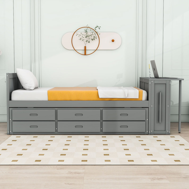Lit plateforme simple en bois avec bureau intégré et 3 tiroirs et lit gigogne, gris