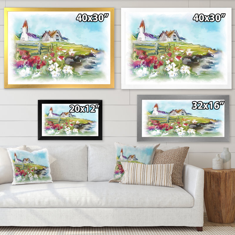 Bâtiments blancs sur un pré vert coloré - peinture sur toile, H 25,5 po x l 33,5 po x P 1 po, Cadre noir