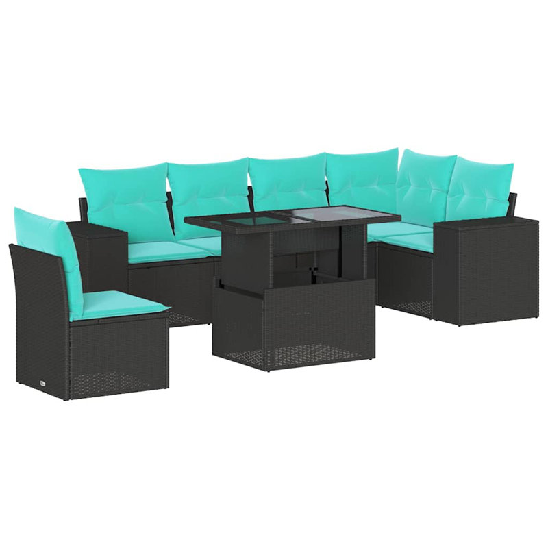 Ensemble de canapé de patio 7 pièces avec coussins en rotin de polyester, Bleu clair, Noir