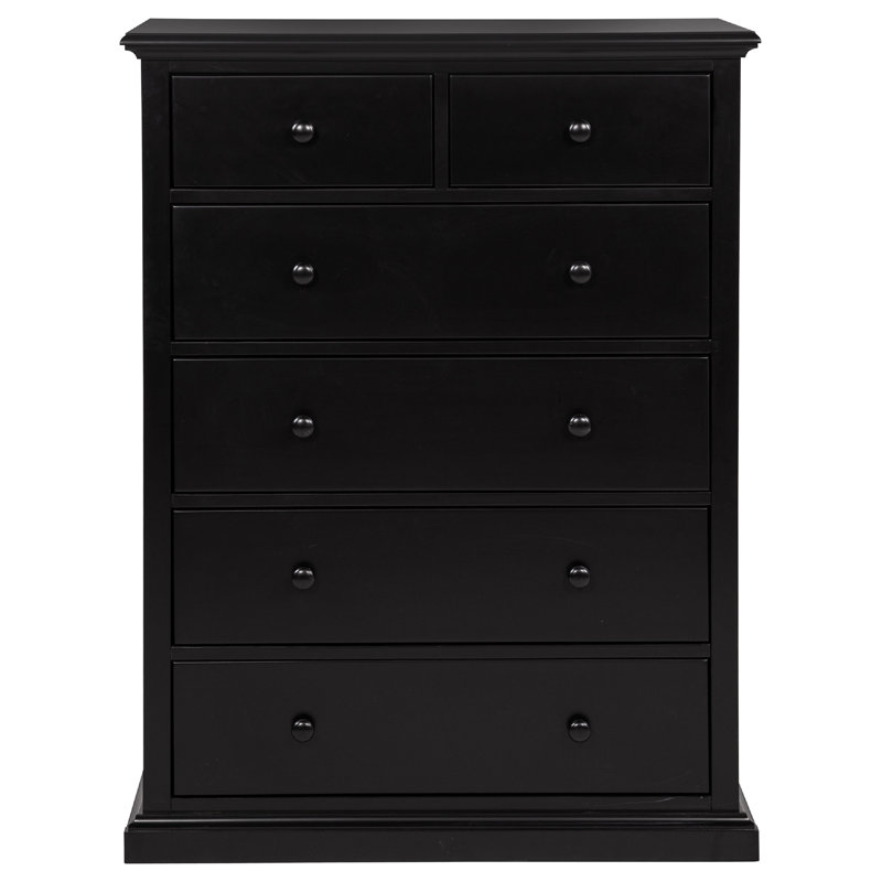 Commode haute Umer, 6 tiroirs, boutons ronds, base de socle, bois noir, Noir