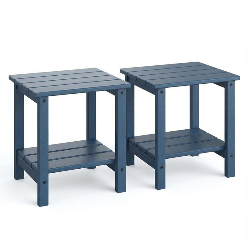 Set of 2 Outdoor 2-Tier HDPE Side Tables, 18 in All-Weather Patio End Tables for Pool, Deck, Backyard, or Indoor Use, Blue