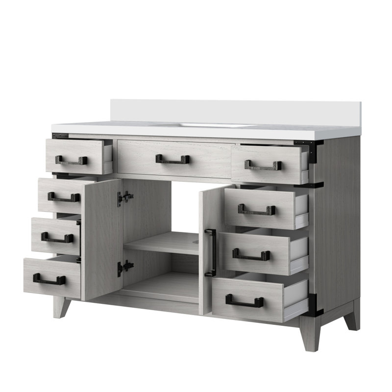 Meuble-lavabo simple en chêne blanc 48 po X P 22 po D, avec plateau en marbre de culture, Chêne blanc