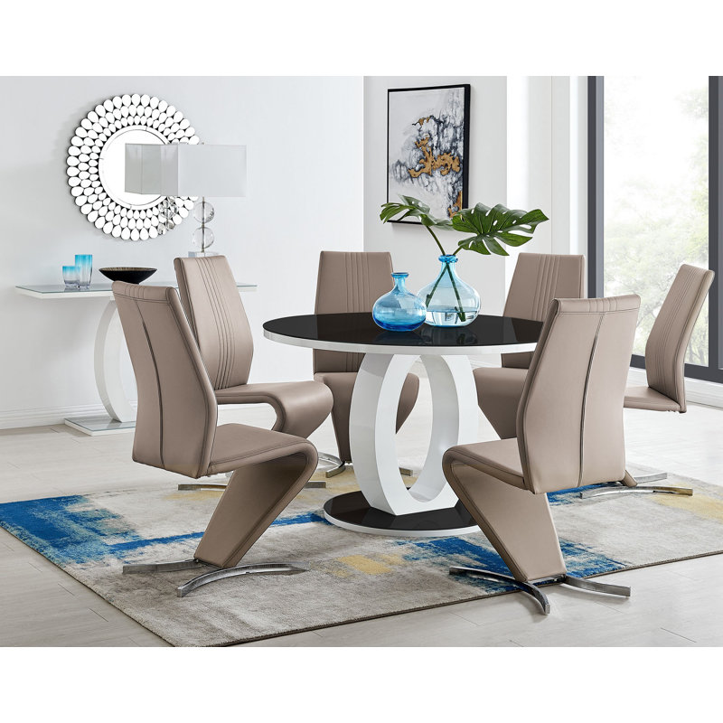 Scottsmoor Modern Halo Seat Round Dining Table Set - 6 Luxury Modern Dining Chairs, Cappuccino, Grey