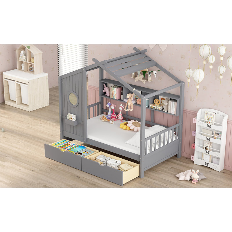 Lit simple en bois avec 2 tiroirs, lit pour enfant avec tablette de rangement, gris