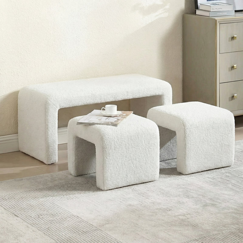 41" W 3-Pieces Faux Fur Green Modern Bench, Nesting Ottoman Bench Set For Living Room Or Bedroom, No Assembly, White
