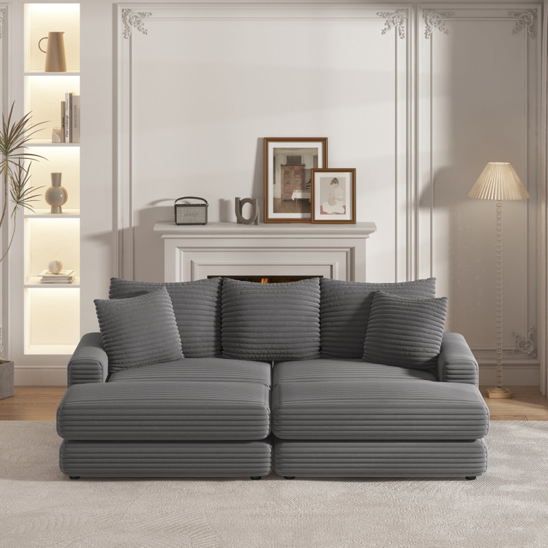 Gray Corduroy Sectional Sofa with Ottoman and Pillows