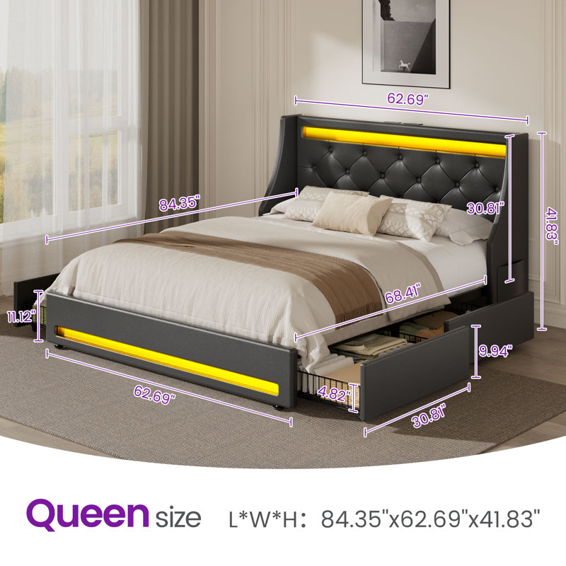 Upholstered Platform Bed Frame with Wingback Headboard & LED Lights& 4 Storage Drawers, Black, Queen