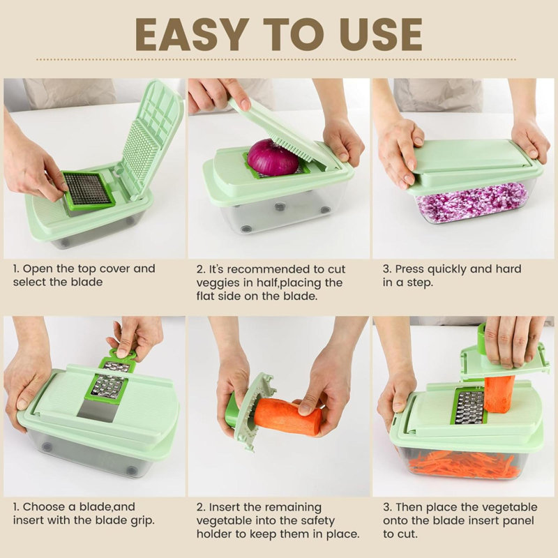 Gadgets de cuisine multifonctionnels 16-en-1 Hachoir à légumes - Hachoir à oignon 8 pales avec récipient, déchiqueteuse à râper, trancheuse et râpe, coupe-légumes pour salade / salade de chou / viande / noix
