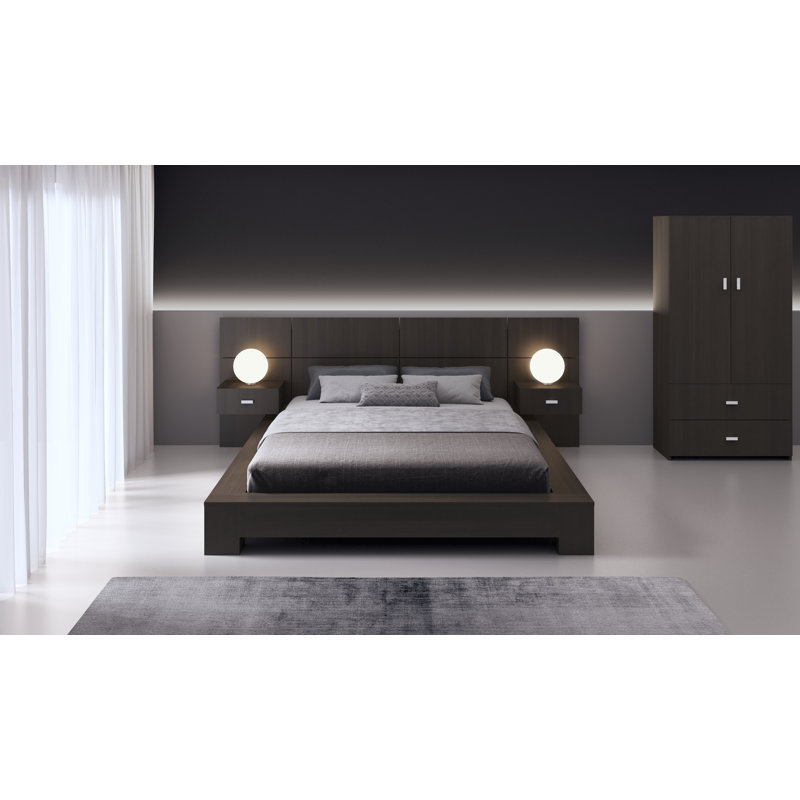 Ensemble de grand lit plateforme avec deux tables de chevet, Gris anthracite