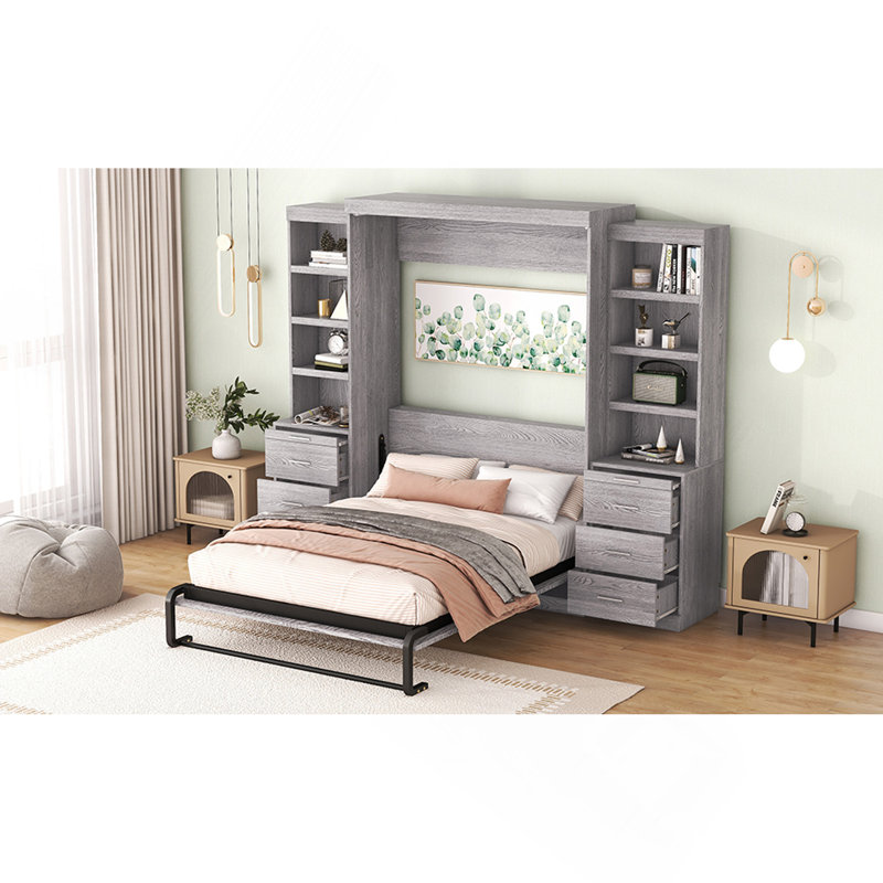 Lit escamotable double avec tablettes et tiroirs de rangement, gris