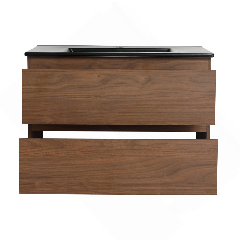 30" Wall-Mounted Bathroom Vanity With Black Ceramic Sink, 2-Soft Close Drawers, KD-Package, Walnut, 30"
