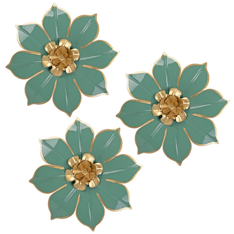 Metal Flowers Wall Decor Hanging 3 Pcs, Green