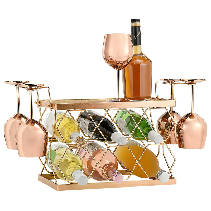 Le porte-bouteilles de vin peut contenir 6 bouteilles surdimensionnées et 4 verres, un support de bouteille en métal autoportant pour l'armoire de cuisine (or rose)