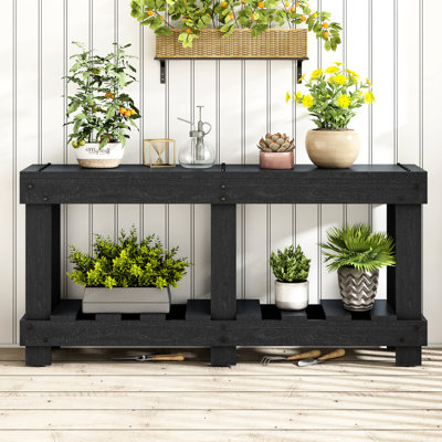 Table de hall d'entrée rétro avec surface de 62,9 po - bois de sapin, 6 pieds, plateau de 4,5 po d'épaisseur, décor en métal, tablette de rangement sous le plateau en U de 62,9 po avec fond en U renforcé, conception de rivets