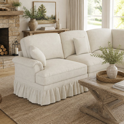 Canapé modulaire en L beige chenille beige avec repose-pieds mobile et pieds fuselés