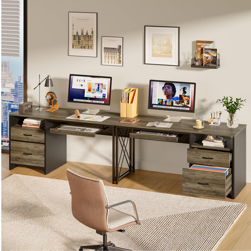 Bureau d'écriture avec plateau pour clavier Labelle, Gris rétro / chêne foncé