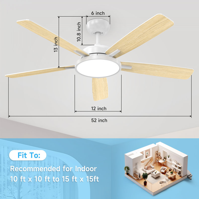 52 Inch Ceiling Fan With Light With Remote Control, White