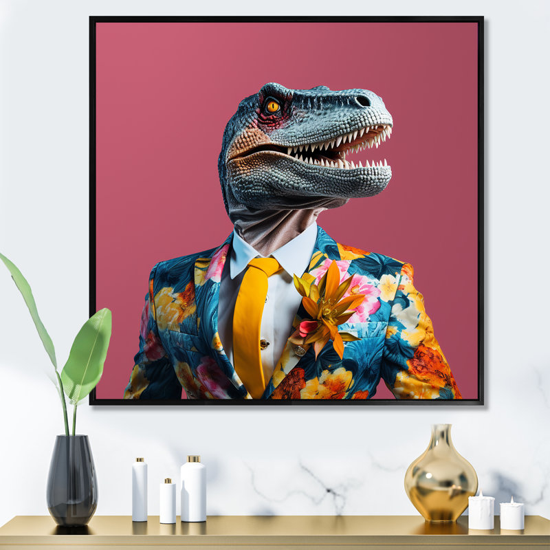 Habillage de dinosaure jaune et rose à la mode - art de mur de dinosaure, Cadre flottant noir, 16" H x 16" W