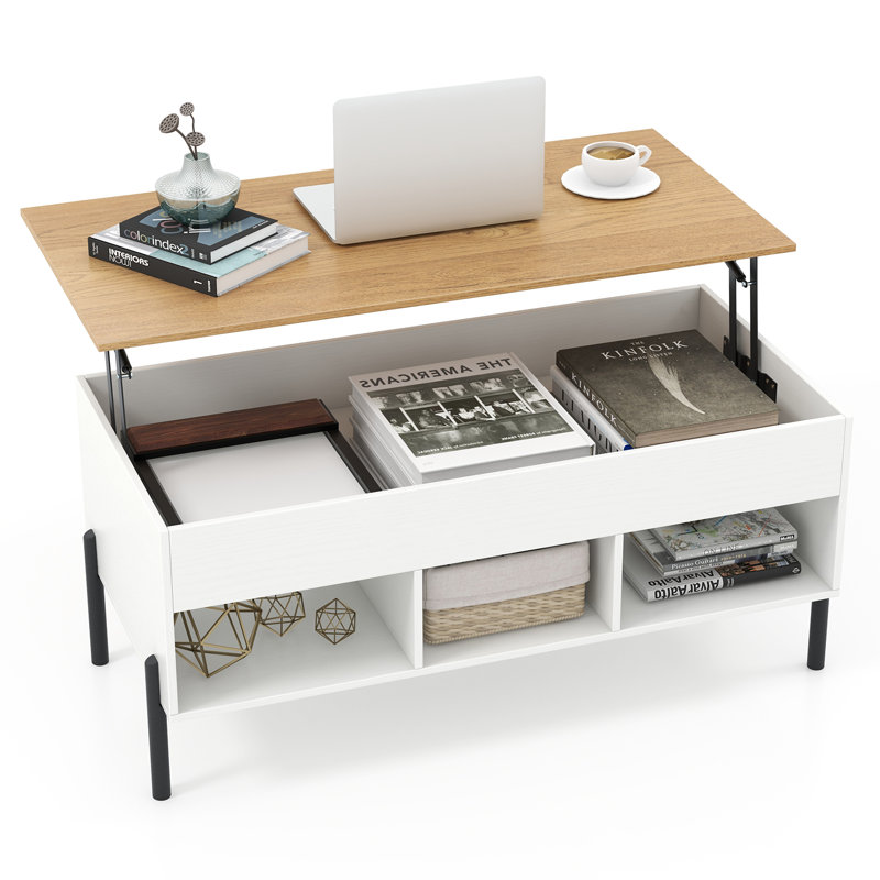 Lift Top Coffee Table with Storage, Natural Wood Top/White Base