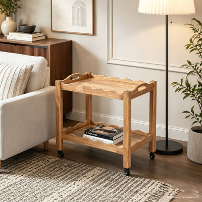 Table d'appoint roulante en bois d'hévéa massif, 2 niveaux avec roues verrouillables et plateau amovible, robuste et durable