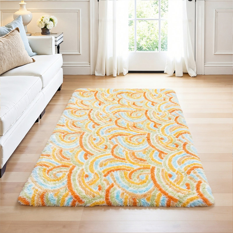Non-Slip Cute Fluffy Shag Area Rug, Rectangle 6' x 9', Orange/Blue/White