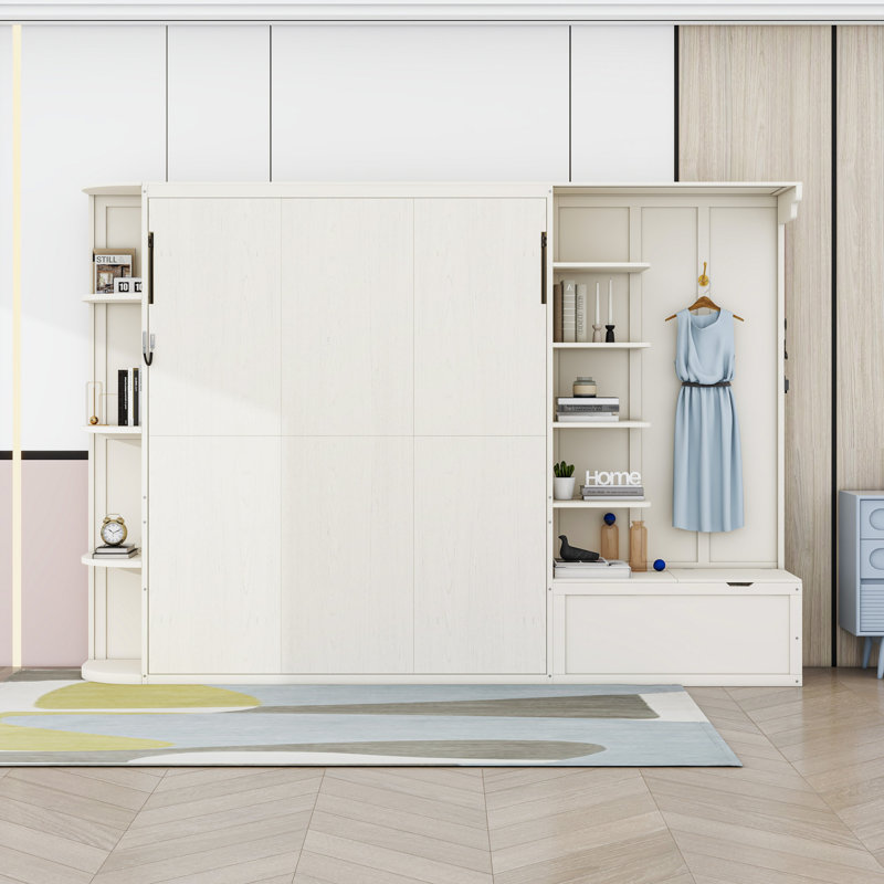 Grand lit escamotable avec tablettes de rangement et éclairage DEL intégré, White