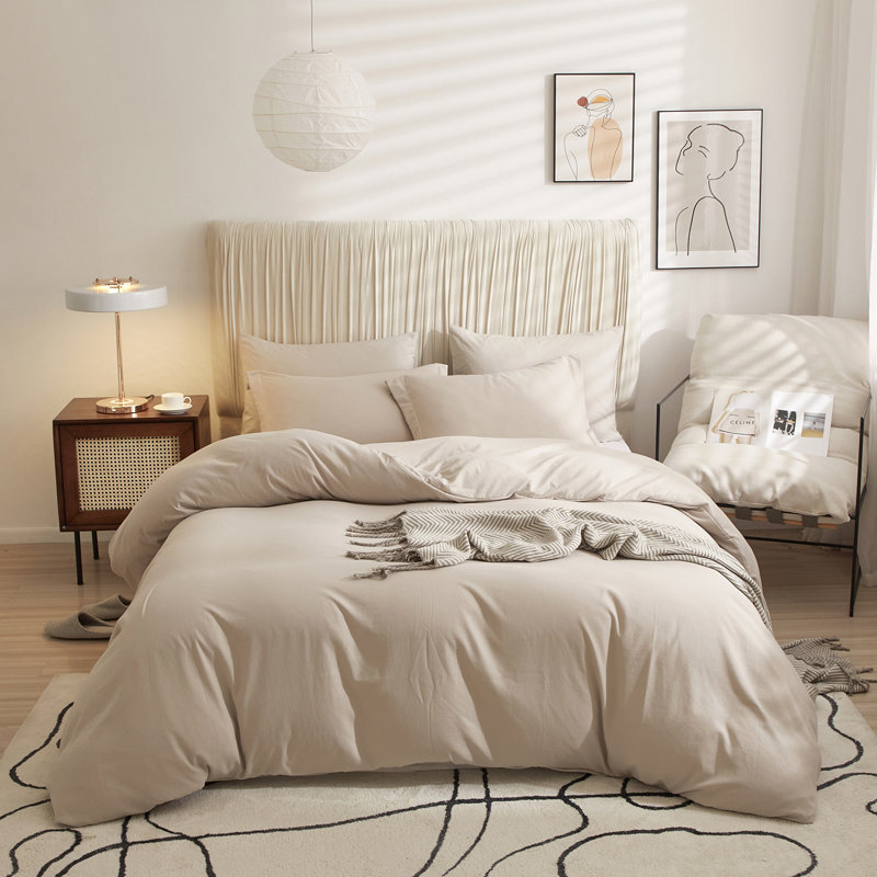  Ensemble de housse de couette respirante en microfibre lavée, Housse de couette double et 2 taies décoratives s, Beige gris