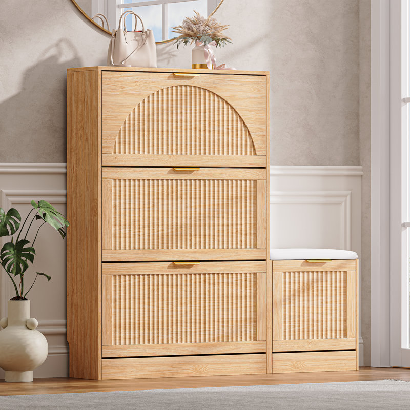 Meuble à chaussures de 124 cm de large pour 24 paires, avec 3 tiroirs à charnières et banc à chaussures, Beige