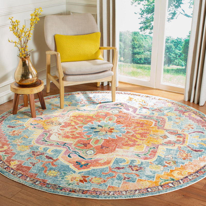 Haneul Oriental Teal/Orange Area Rug, Round 9'
