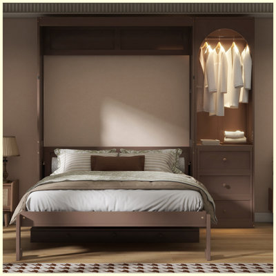 Queen Size Brown Murphy Bed with Storage Shelves, LED Lights & 3 Drawers