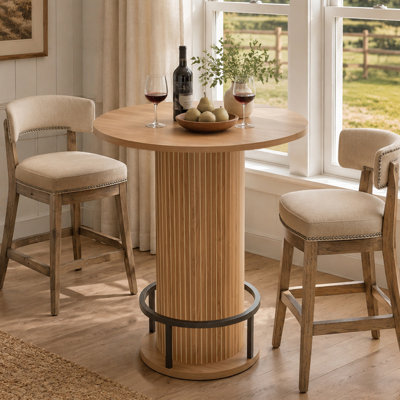 Table de bar ronde de 100 cm (39,4 po), table basse en bois avec repose-pieds annulaire en métal, idéale pour bistro, pub, salle à manger, salon et petits espaces, en noyer.