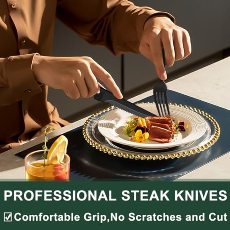 Ensemble 24 pièces de couverts 24 pièces avec couteaux à steak, ensemble de couverts noir pour 4 personnes, ensemble de couverts en acier inoxydable de qualité alimentaire, ensemble d'ustensiles à finition miroir pour restaurant maison, colonne romaine