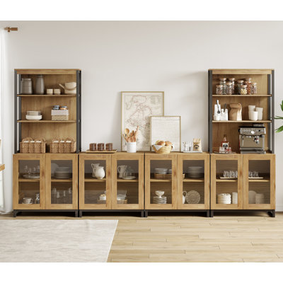 Modern Farmhouse Buffet Cabinet With 3 Tiers And 4 Cabinets, Wooden Sideboard With Adjustable Shelves And Glass Doors For Dining Room Or Kitchen