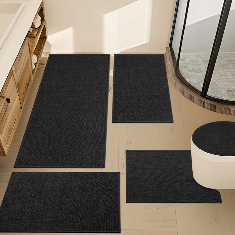 Ensemble de tapis pour salle de bain 5 pièces aspect lin avec envers antidérapant, Black