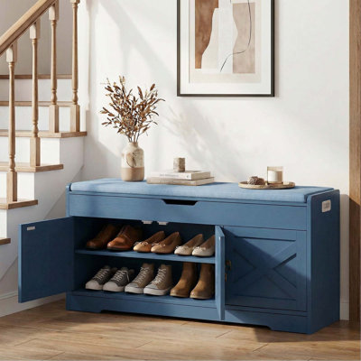 42" Shoe Storage Bench with Cushion, Lift Top, 3 Doors, Adjustable Shelf