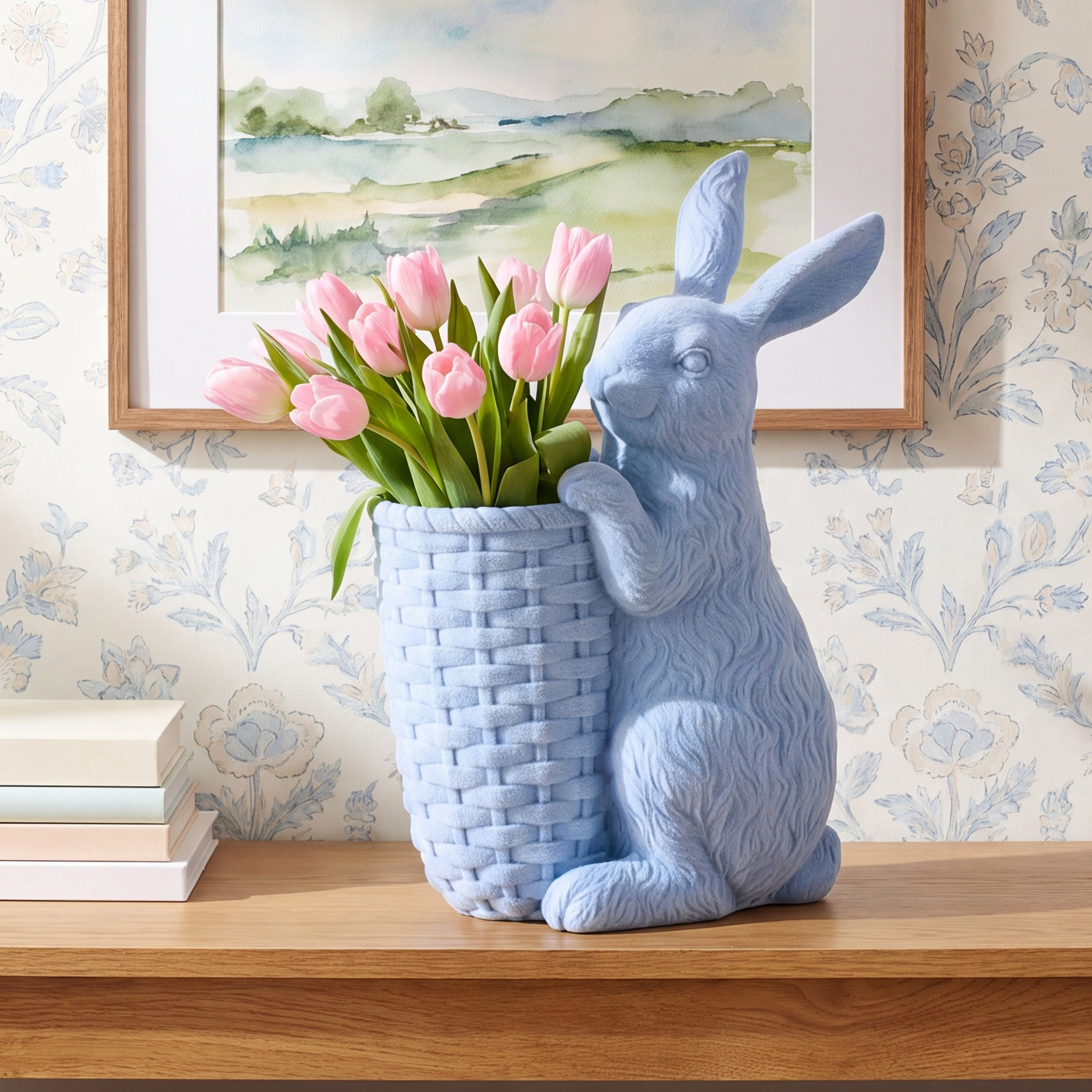 12" Resin Flocked Bunny With Basket, Purple