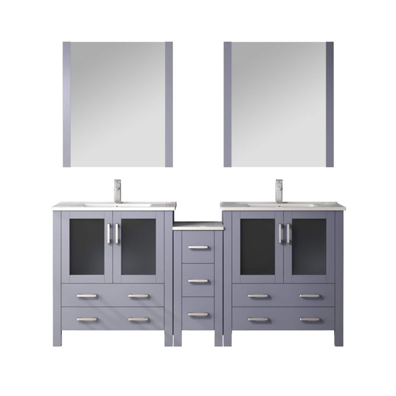 72 po Meuble-lavabo double gris foncé avec armoires latérales, robinet, 28 miroirs et comptoir en céramique gris Scratch