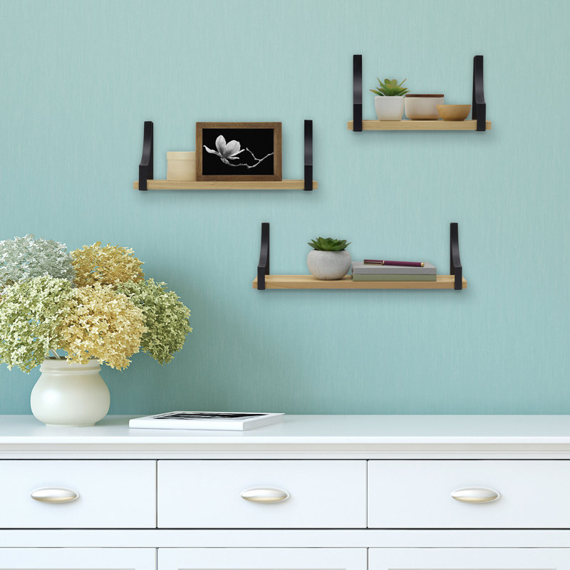 Ensemble de 3 tablettes murales flottantes en bois et métal incurvé MELannco, naturel