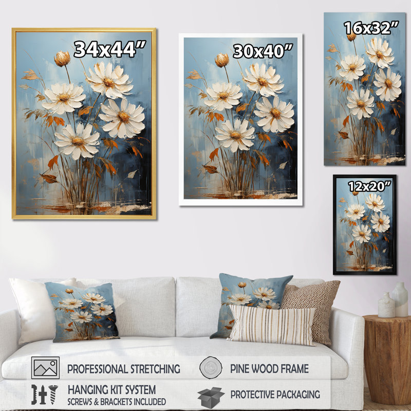 «White Daisy Efflorescence Bouquet Serenity I», reproduction sur toile, Cadre naturel flottant, H 40 po x l 30 po x P 1,5 po