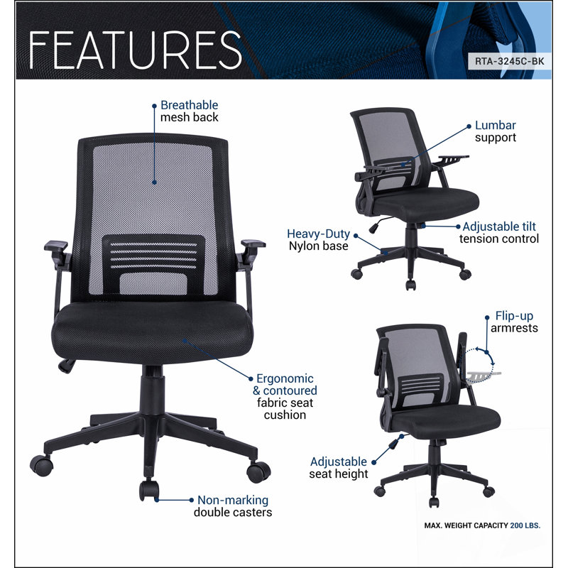 Chaise de bureau avec structure en plastique, plastique, pivotant, support lombaire, hauteur réglable, roulettes