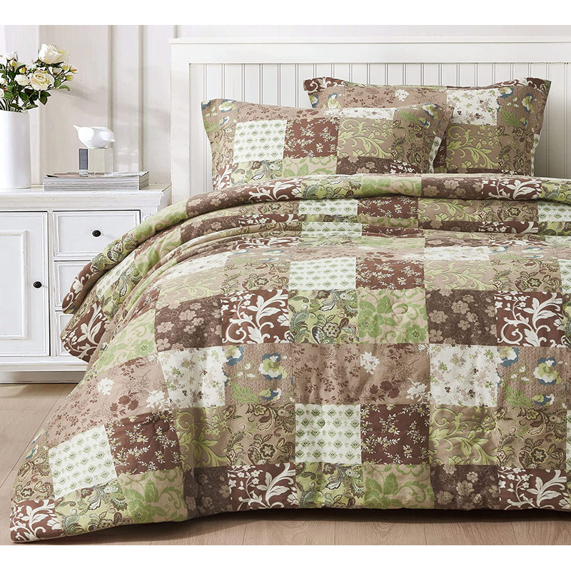 Boho Printed Patchwork Lightweight Washed Cotton Comforter Set , Brown/Taupe/Green/White, King Comforter
