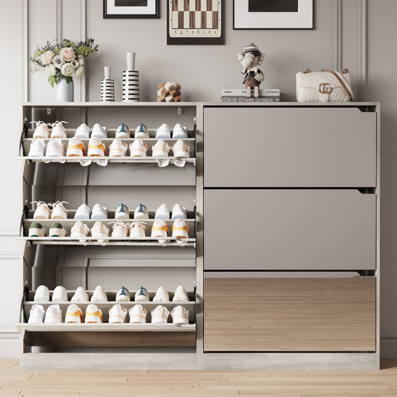Mirror Finish Tri-Fold Flip Shoe Cabinet with Adjustable Shelves, Wood Entryway Storage Organizer, Gray