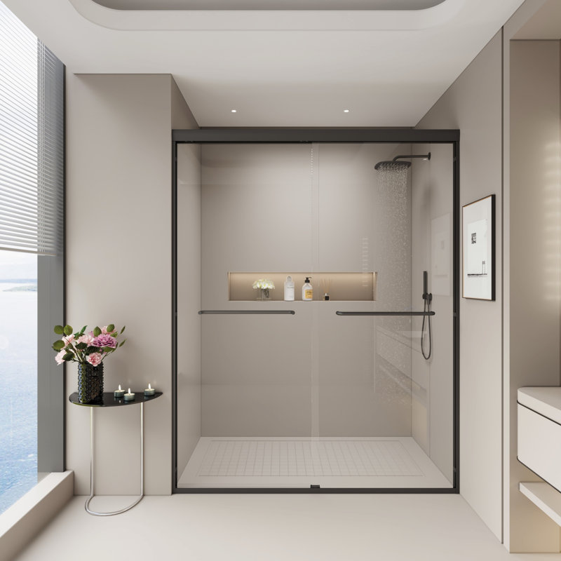 Double Sliding Shower Door, Semi-Frameless Bathroom Sliding Door For Bathroom, Matte Black