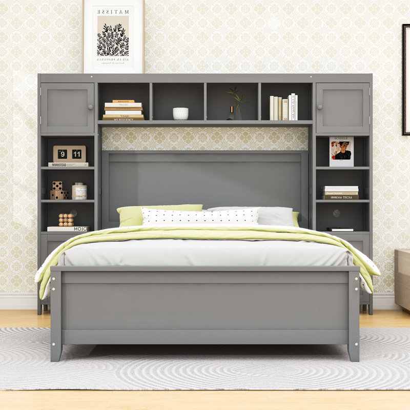 Lit plateforme double en bois avec tablettes, tiroirs et armoires de rangement intégrés, Gris