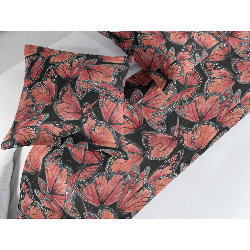 Ambesonne Spring Bed Runner Set Butterflies on Dark Back Dark Coral and Vermilion, King