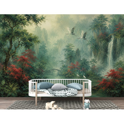 Chinoiserie Landscape Wallpaper Peel and Stick, Asian Crane Wall Mural, Misty Waterfall Botanical Wallpaper Decor, Floral Wallpaper 848DLU