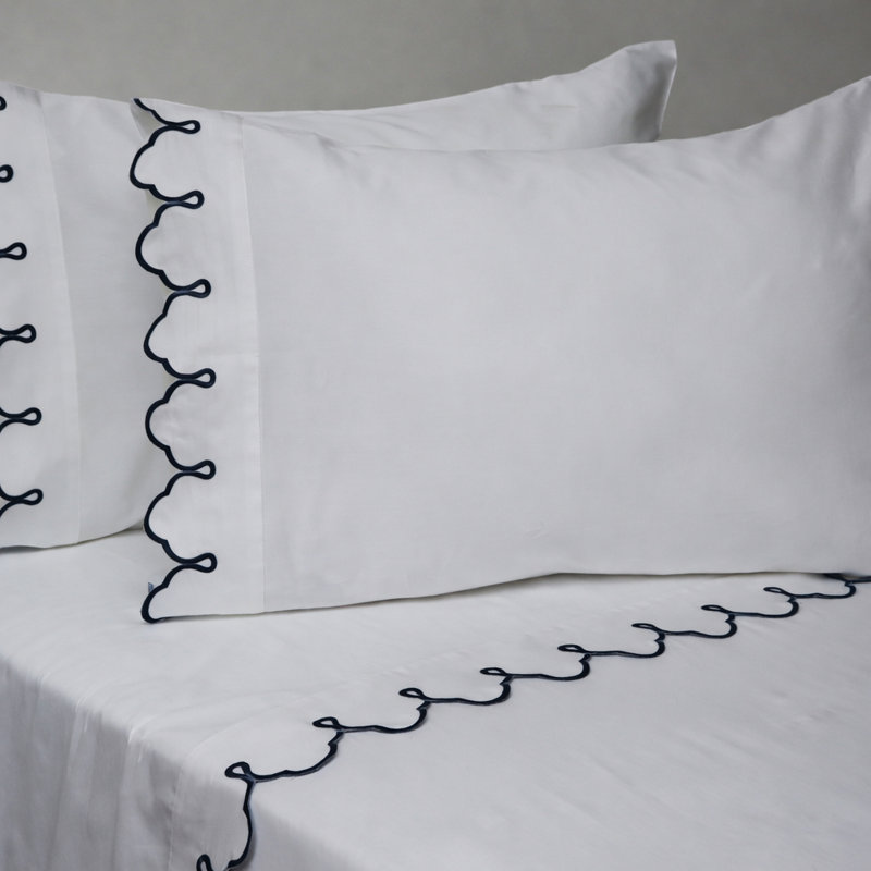 Scalloped 100% Cotton Standard Sheet Set, Full/Double Sheet Set, White Navy