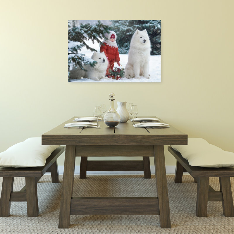 Winter Child And Samoyeds Abstract Contemporary Christmas Tree Dog Nature Winter Wall Art Print 1 Piece Wrapped Canvas Wall Art