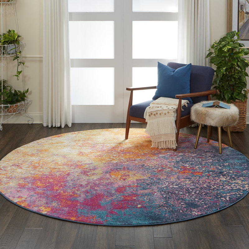 Tapis rose / jaune à motif abstrait Liiam, Rond 5 pi 3 po