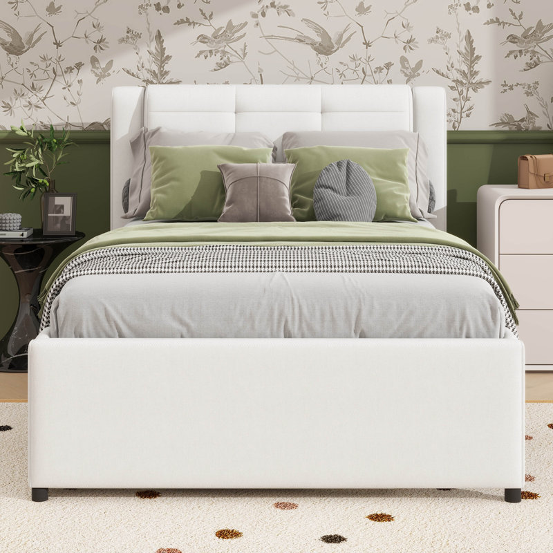 Lit plateforme double pleine grandeur avec tête de lit tapissier et lit gigogne escamotable, Beige